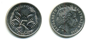 АВСТРАЛИЯ 5 ЦЕНТОВ 2006 ЕЛИЗАВЕТА II, ТРЕТИЙ ПОРТРЕТ, ЕХИДНА KM 401 медно-никель 46-2245