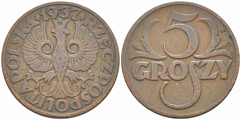 ПОЛЬША 5 ГРОШЕЙ 1937 w KM 10а бронза 72-523