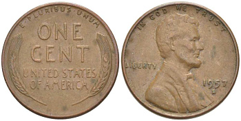 США 1 ЦЕНТ 1957 D, ЛИНКОЛЬН KM А132 медь цинк 218-1038
