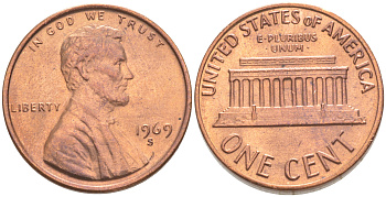 США 1 ЦЕНТ 1969 S, ЛИНКОЛЬН KM 201 медь цинк UNC 187-618