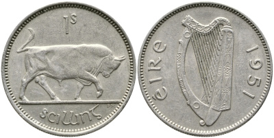 ИРЛАНДИЯ 1 ШИЛЛИНГ 1951 БЫК KM 14а медно-никель 28-827