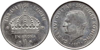 Швеция 1 крона 2007 Карл XVI Густав (1973- ) KM 894 медно-никель 176-121