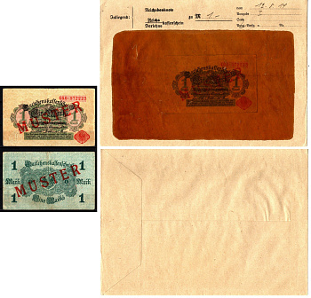 Германия 1 марка 1914 выпуск 1920, 12 августа, MUSTER, образец, Specimen. В оригинальном банковском конверте. Из коллекции Отто Сейфферта (помощник Ялмара Шахта - министра экономики Германии и президента Рейхсбанка времен третьего рейха) Pick 51 s, Grabow