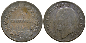 ИТАЛИЯ 5 ЧЕНТЕЗИМО 1861 N, ВИКТОР ИМАНУИЛ II KM 3.3 медь 4381-433