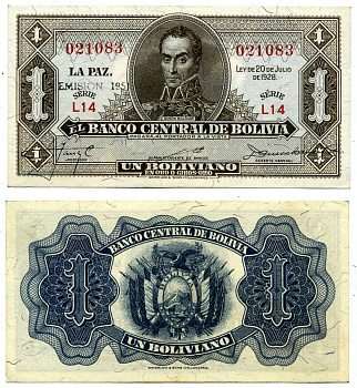 Боливия 1 боливиано 1928 (1951-1952) серия l 14, Симон Боливар, надпечатка EMISION 1951 Pick 128b бумага aUNC 8616-50-2-2