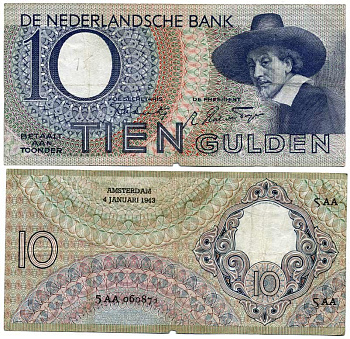 Нидерланды 10 гульденов 1943 Синдики (Рембрандт) Pick 59, Akkermans 32.1 бумага 00-00