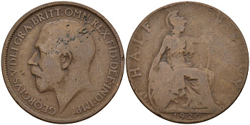 Великобритания 1/2 пенни 1920 Георг V (1910-1936) KM 809, Spink 4056 бронза 4143-657