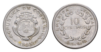 Коста-Рика 10 сентимо 1953 KM 185.1a нержавеющая сталь aUNC 4651-936