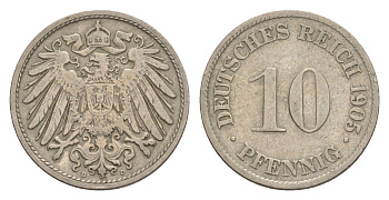 Германия 10 пфеннигов 1905 D, Вильгельм II (1888-1918) KM 12, J. 13 медно-никель 4640-261
