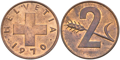 Швейцария 2 раппена 1970 KM 47 бронза UNC 4592-735