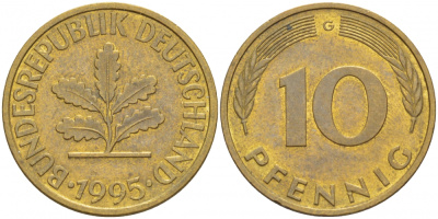 ФРГ 10 ПФЕННИГОВ 1995 G KM 108, J.383 сталь плакированная латунью 3718-912