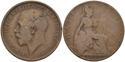 Великобритания 1/2 пенни 1920 Георг V (1910-1936) KM 809, Spink 4056 бронза 4143-657