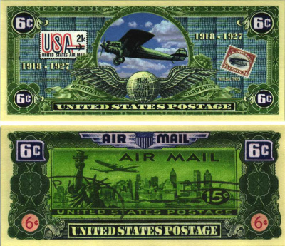 США 6 ПОЧТОВЫХ ЦЕНТОВ ND СУВЕНИРНАЯ БАНКНОТА, АВИАПОЧТА США 1918-1927, ПОЧТОВЫЕ МАРКИ, САМОЛЁТ бумага UNC (ПРЕСС) 7198-38-3-2