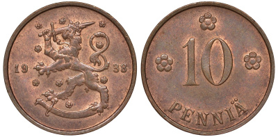 Финляндия 10 пенни 1938 KM 24 медь 51-3022