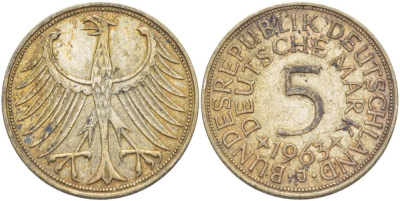 ФРГ 5 марок 1963 J KM 112.1, J. 387 серебро 215-813