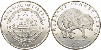 Либерия 1 доллар 1993 серия динозавры, протоцератопс KM 98 медно-никель UNC 107-1111