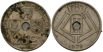 Бельгия 25 сантимов 1939 Belgique - Belgie KM 115 никель латунь 4512-1034