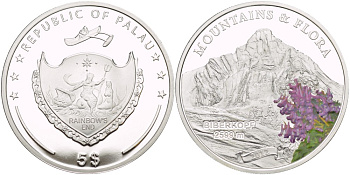 Палау 5 долларов 2012 горы и флора, Биберкопф, 2599 метра, эмаль KM NEW серебро PROOF 1088-1-13