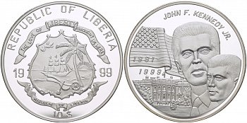 Либерия 10 долларов 1999 президент США Джон Кеннеди KM 594 серебро PROOF 1068-1-23