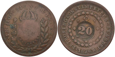 БРАЗИЛИЯ 20 РЕЙС 1835 ПРОВИНЦИЯ ICO, НАДЧЕКАНКА НА 40 РЕЙСАХ 1826R ПЕДРО I KM 436.1 медь 4527-1021