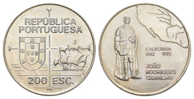 Португалия 200 эскудо 1992 450 лет открытию Калифорнии KM 661 медно-никель UNC 1101-5-53