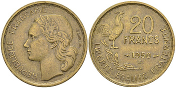 Франция 20 франков 1950 В, петух, 4 ПЕРА KM 917.2, Le Frank 402.4 алюминиевая бронза 4519-544