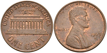 США 1 цент 1969 D, Линкольн KM 201 медь цинк 4115-849