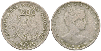 Бразилия 200 реалов 1901 MCMI, голова свободы вправо KM 504 медно-никель 4612-242