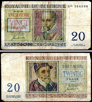 Бельгия 20 франков 1950 Pick 132 a бумага 8604-16-1-2