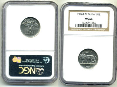 Албания 1/4 лека 1926 Зог I, слаб NGC MS 64 KM 3 никель UNC 00-000-00