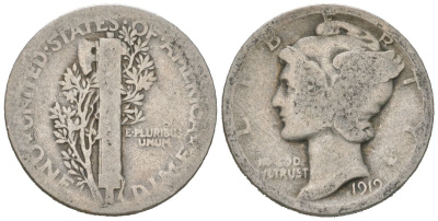 США 10 центов (дайм) 1919 KM 140 серебро 3334-1013