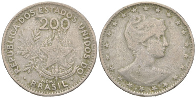 Бразилия 200 реалов 1901 MCMI, голова свободы вправо KM 504 медно-никель 4612-242