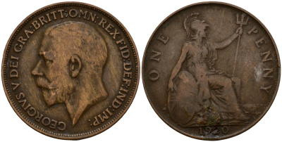 Великобритания 1 пенни 1920 Георг V (1910-1936) KM 810, Spink 4051 бронза 4599-241