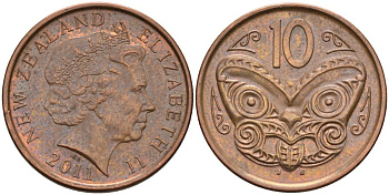 Новая Зеландия 10 центов 2011 маска Маори, Елизавета II (1952-) KM 117а сталь плакированная медью 4114-1256