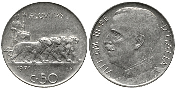 ИТАЛИЯ 50 ЧЕНТЕЗИМО 1921 R, ГЛАДКИЙ ГУРТ, МАГНИТНАЯ KM 61.1 никель 34-1233
