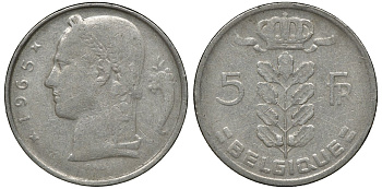 БЕЛЬГИЯ 5 ФРАНКОВ 1965 BELGIQUE KM 134.1 медно-никель 72-1213
