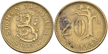 ФИНЛЯНДИЯ 20 МАРОК 1953 H KM 39 алюминиевая бронза 4563-245