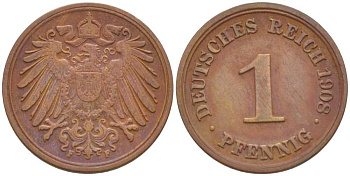 ГЕРМАНИЯ 1 ПФЕННИГ 1908 F KM 10, J. 10, Weege 2 медь 211-411