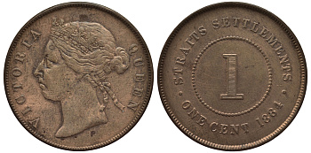 Стрейтс-Сетлментс 1 цент 1884 Виктория (1837-1901), монетный тип KM 9а медь 1523-325