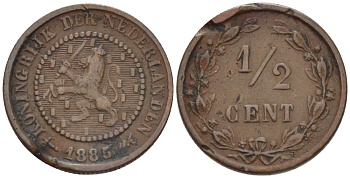 НИДЕРЛАНДЫ 1/2 ЦЕНТА 1885 ВИЛЬЯМ III (1849-1890) KM 109 бронза 39-142