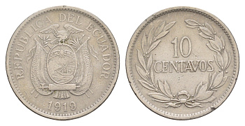 Эквадор 10 сентаво 1919 KM 64 медно-никель 4641-552