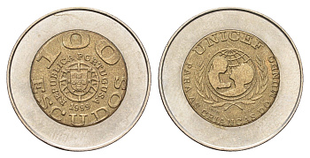 Португалия 100 эскудо 1999 ЮНИСЕФ, PORTUGUSA KM 722.2 биметалл UNC 4678-836