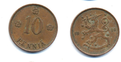 Финляндия 10 пенни 1930 республика (1918-1962) KM 24 медь 51-5326