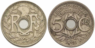 ФРАНЦИЯ 5 САНТИМОВ 1921 ТИП ЛИНДАЙЁ KM 875, LE FRANC 122.3 медно-никель 4379-727