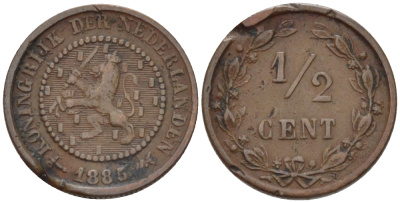 НИДЕРЛАНДЫ 1/2 ЦЕНТА 1885 ВИЛЬЯМ III (1849-1890) KM 109 бронза 39-142