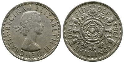 Великобритания 2 шиллинга (флорин) 1964 Елизавета II (1952-2022) KM 906, Spink 4146 медно-никель 4382-512