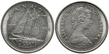 Канада 10 центов 1983 Елизавета II (1953- ), парусник KM 77.2 никель 4532-828