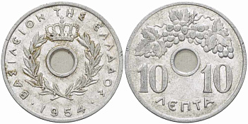 Греция 10 лепта 1954 Павел I (1947-1964), виноградная лоза KM 78 алюминий 108-1217