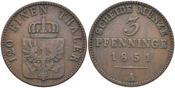 ПРУССИЯ 3 ПФЕННИГА 1851 А, ФРИДРИХ ВИЛЬГЕЛЬМ (1840-1861) KM 453 медь 117-155