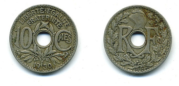 ФРАНЦИЯ 10 САНТИМОВ 1930 ТИП ЛИНДАЙЁ KM 866а медно-никель 84-343